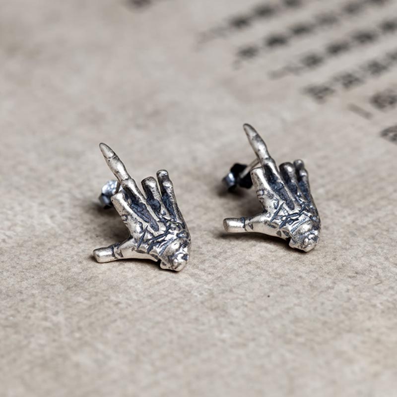 Jahrgang Silber Farbe Schädel Hand Mittelfinger Ohrstecker für Männer Frauen Punk Hüfte hüpfen Halloween durchbohren Ohrring Felsen Schmuck