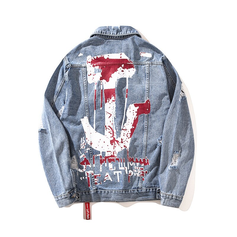 Men's Hip Hop Denim Jacket Painted Ripped Denim Jacket Spring Autumn Coat Streetwear for Men Clothes: XXL