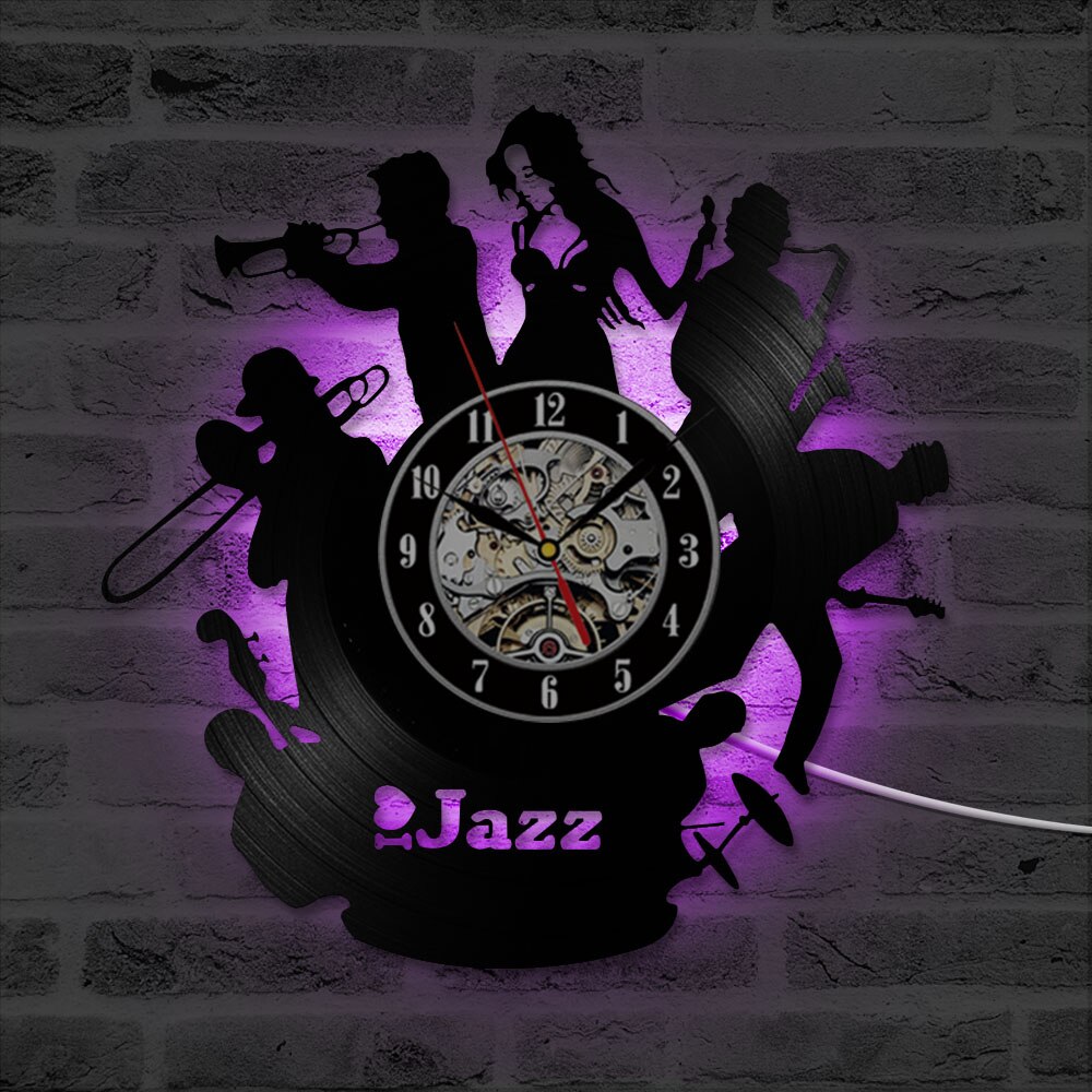 Jazz Black Vinyl Record Hanging Wall Clock Hollow CD Record Wall Clock Antique Hanging LED Clock Home Decor Handmade