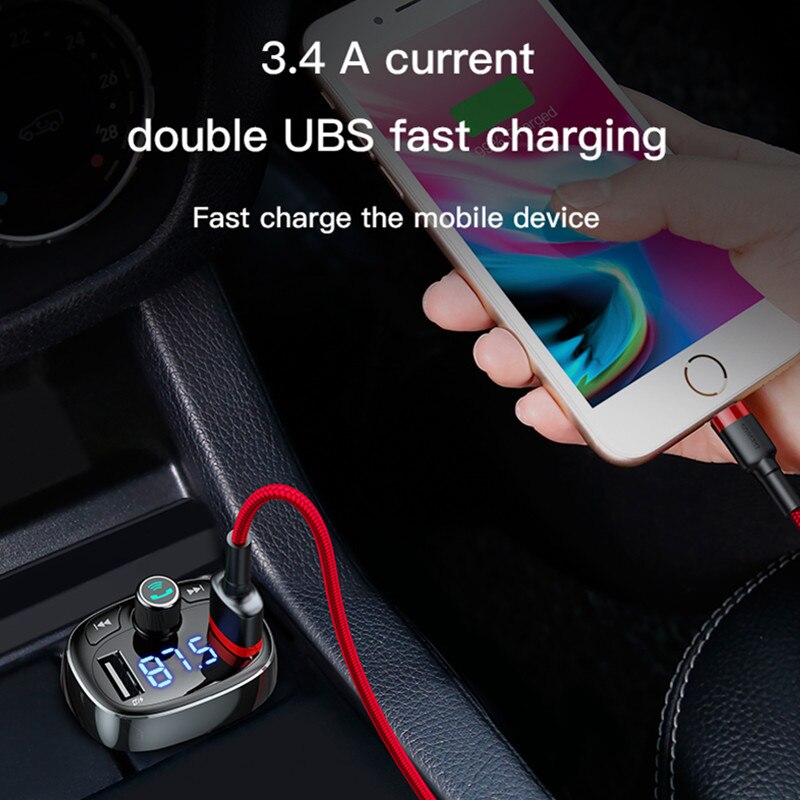 Baseus LCD Display FM Transmitter Car Charger Dual USB Phone Charger Handsfree Bluetooth MP3 Player,born to listen music in car