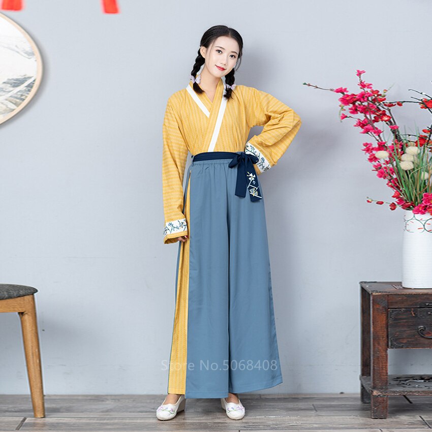 Japanese Style Kimono Dress for Women Retro Lace Up Haori Embroidery Yukata Top Wide Leg Pants Asian Dance Costume
