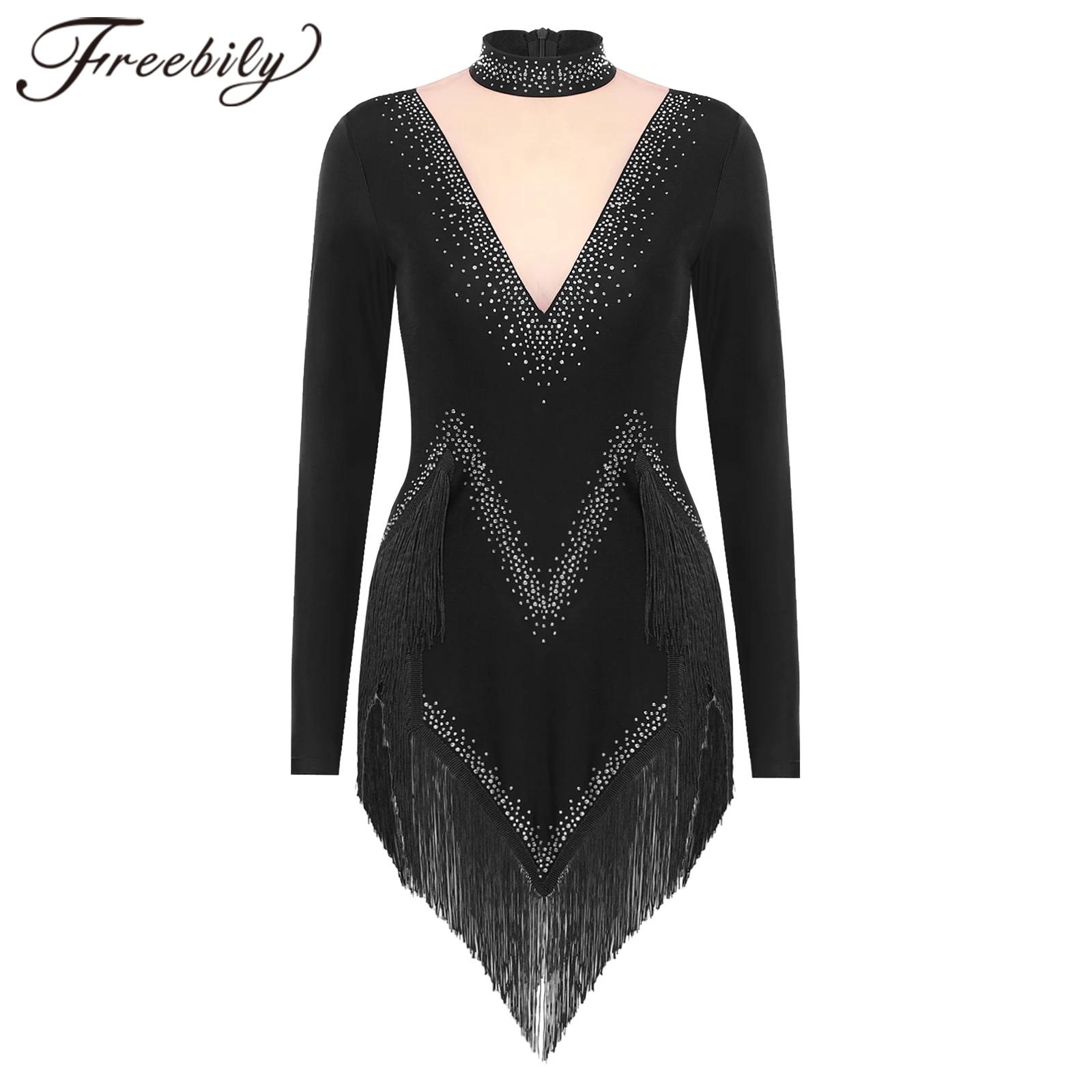 Body de danse latine à franges pour femmes, robe justaucorps à manches longues, vêtements de danse Samba Cha Tango, Costume de spectacle sur scène