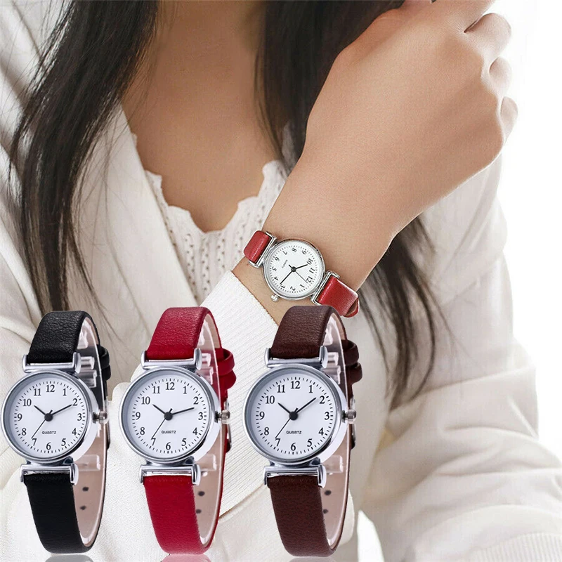 Klassieke dameshorloges Zwart Rood Casual quartz lederen band Bandhorloge Retro ronde analoge klokhorloges voor dames