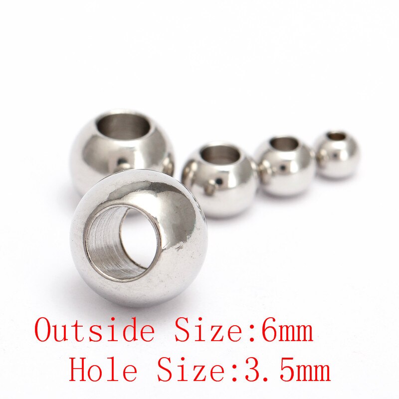 50 stuks/partij ronde kralen van roestvrij staal, zilverkleurig, 2 3 4 5 6 7 8mm met groot gat, europese ruimtekralen voor doe-het-zelf sieraden: 6mm met 3.5mm gaten