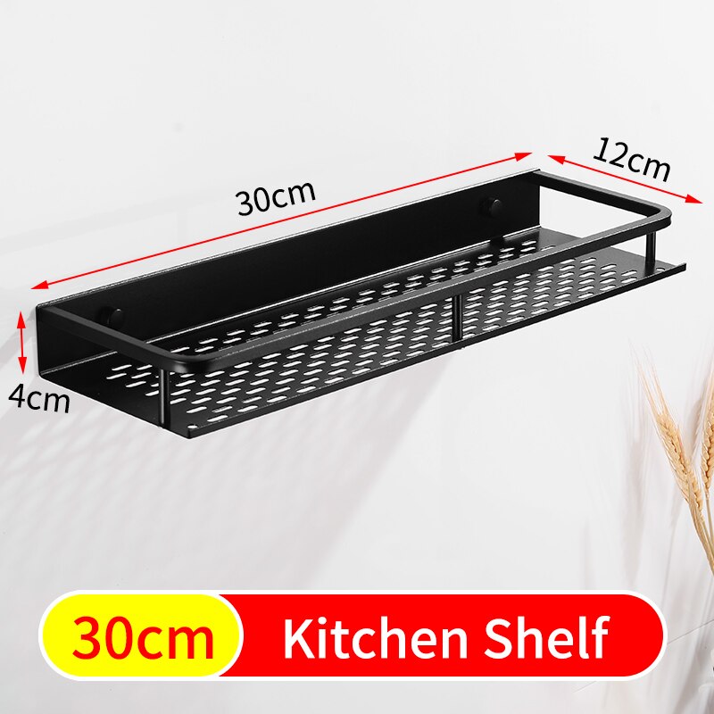 Køkkenhylde opbevaringsstativ krydderier aluminium køkkenstativarrangør med håndklædestang vægmonteret krydderestativ badeværelse hylde sort: Sort -30cm