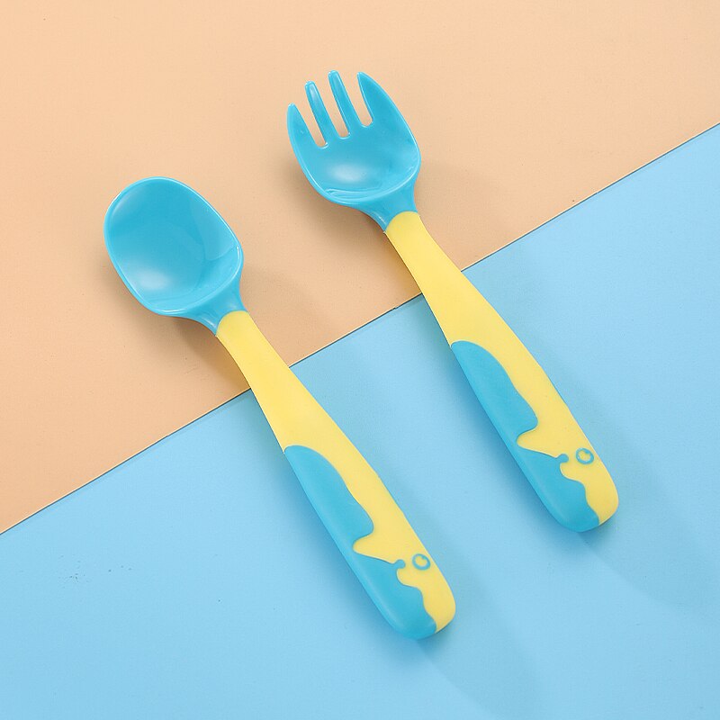Baby Gadgets Tableware Set Children Utensil With Storage Box Toddler Dinnerware Cutlery Cartoon Infant Food Feeding Spoon Fork: Blue