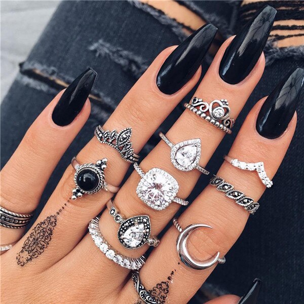 15 stks/set Vrouwen Mode Ringen Harten Fatima Handen Virgin Mary Cross Leaf Hollow Geometrische Crystal Ring Set Bruiloft Sieraden