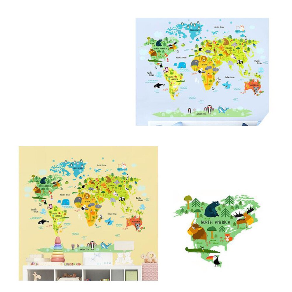 Cartoon Animals World Map Wall Stickers Removable Waterproof Wall Decals Wall Decor for Kids Room