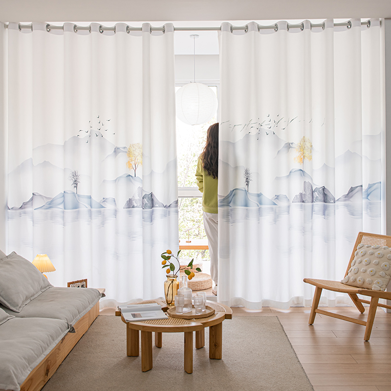 Fondos de pantalla decoración del hogar Cortina divisoria china - Blanco transparente con caligrafía paisajística, privacidad de filtrado de luz para ventana salediza: naranja