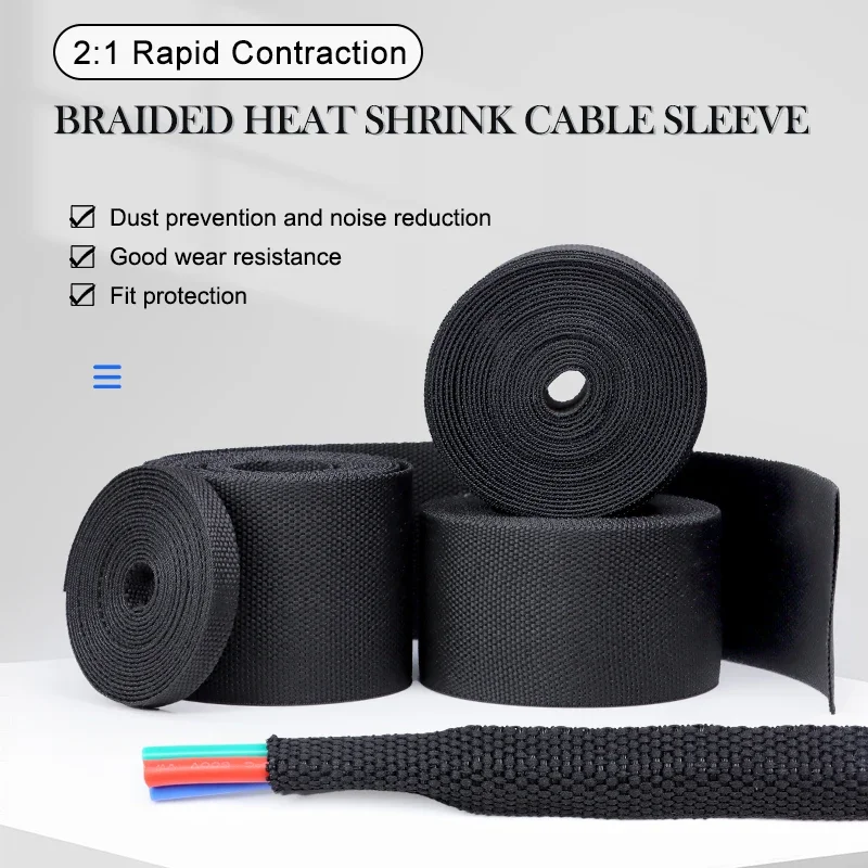 1~10m Braided Cable Sleeve PET Heat Shrink Tube Insulation Flam Retardant Shrinkable Wire Wrap Sheath Protection Cable Organizer