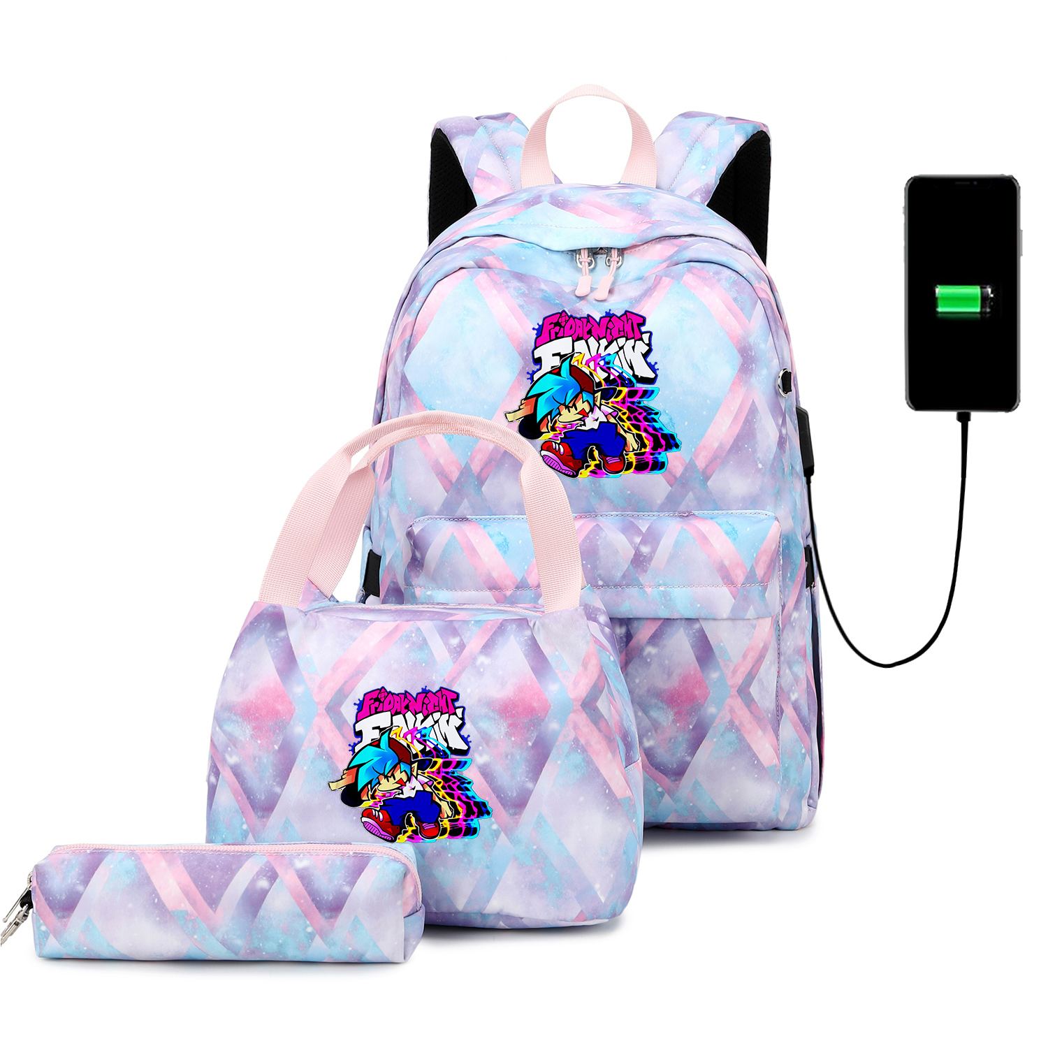 Funkin-mochilas escolares para adolescentes, niños y niñas, juego de Mochila de viaje con carga USB, bolsa de libros para estudiantes, Juego de 3 unids/set: 007