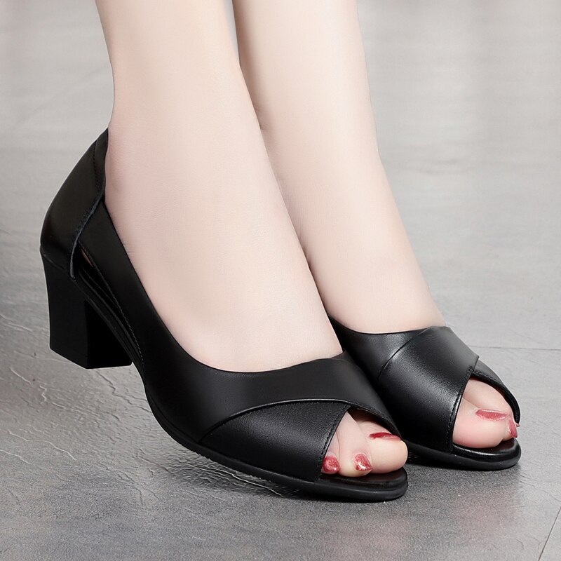 été femmes robe chaussures Peep orteil bureau travail chaussures talons moyens pompes bout ouvert femme sandales noir zapatos mujer: Black / 40