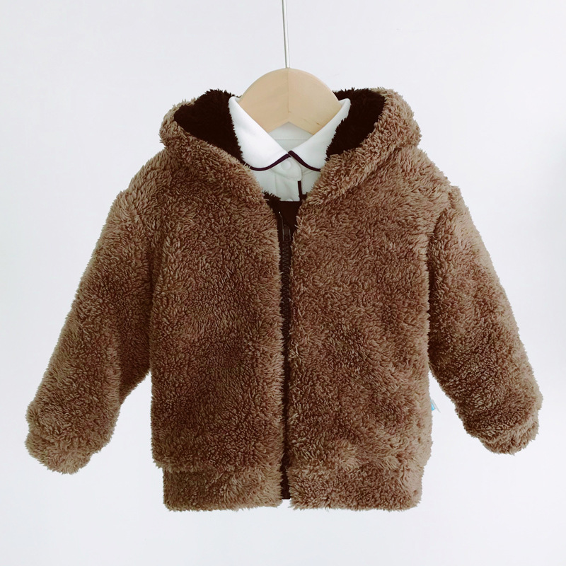 3-12M Baby Herfst En Winter Plus Fluwelen Verdikking Bovenkleding Baby Jongens Bruin Lange Mouwen Hooded Kleding kind Cartoon Jas