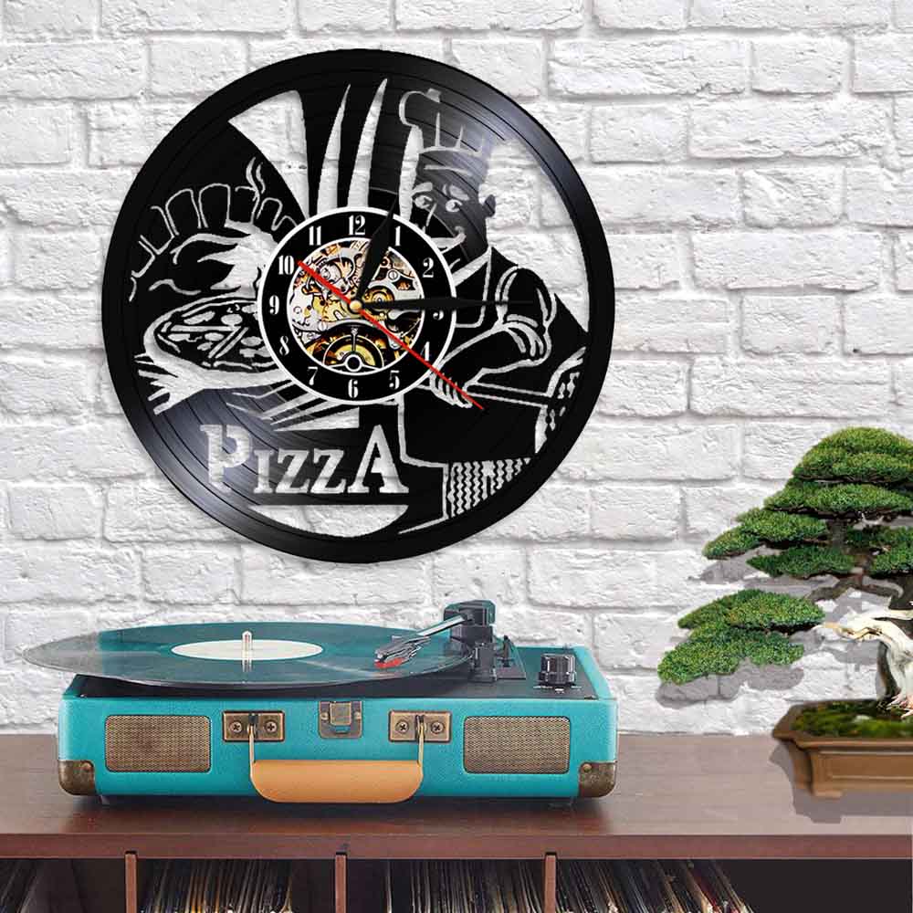 Pizza Shadow Art Clock Food Theme Vinyl Record Wall Clock Modern Kitchen Clock Wall Art Decor For Kitchen Room