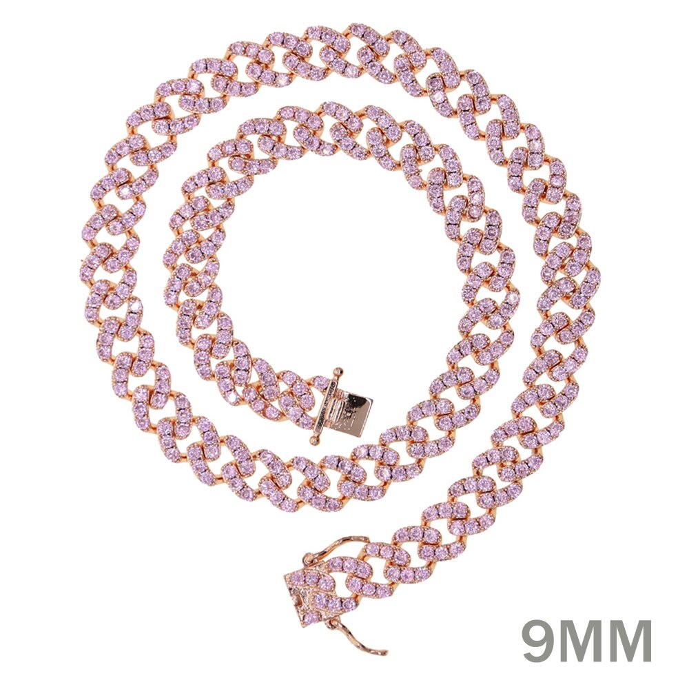 12mm Micro Pave CZ Cuban Link Necklaces pink Luxury Bling Bling choker Jewelry iced out bling zircon rock punk women men jewelry: Rose Gold 9mm / 38cm