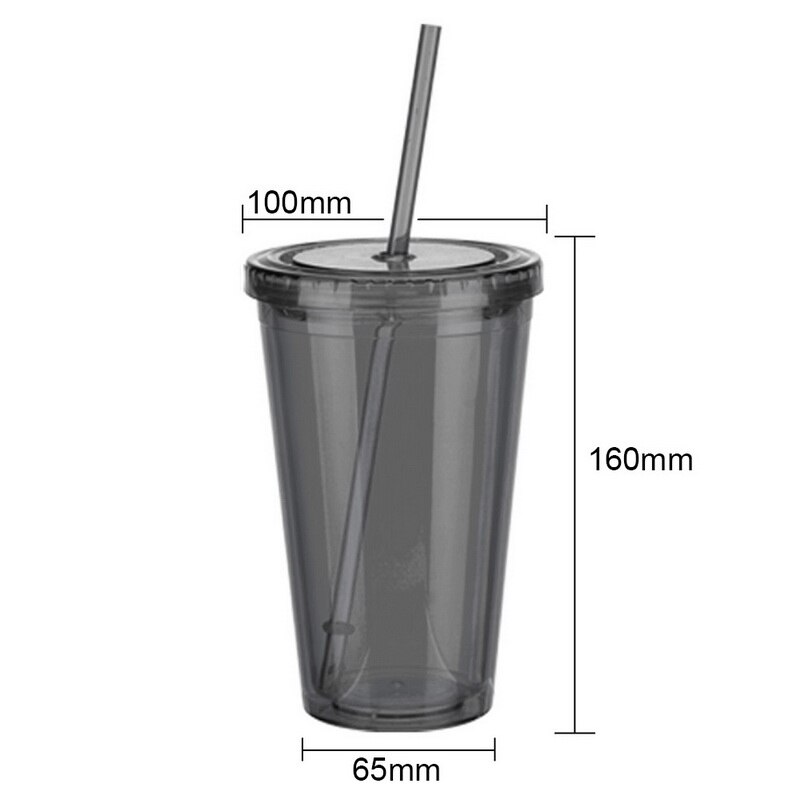 160oz Milk Tumbler with Dome Lids Double Wall Plastic Drink Cups With Straw Reusable Clear Water Bottle Transparent Fruit Cup: Black-500ml
