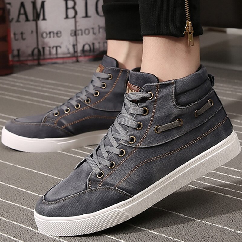 Shoes men casual wear resistant shoes denim high top sneakers for boys lace-up