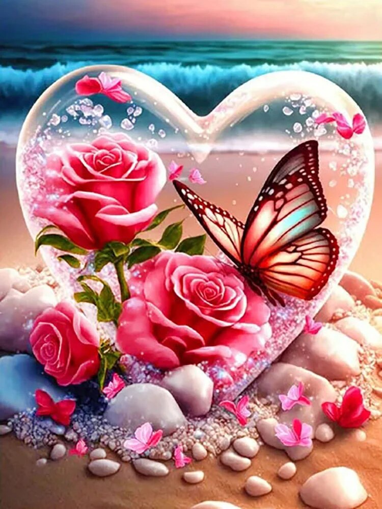 Mosaico de diamantes de mariposa rosa, pintura de diamantes redonda completa, corazón costero, artesanías, 30x40cm: Default Title
