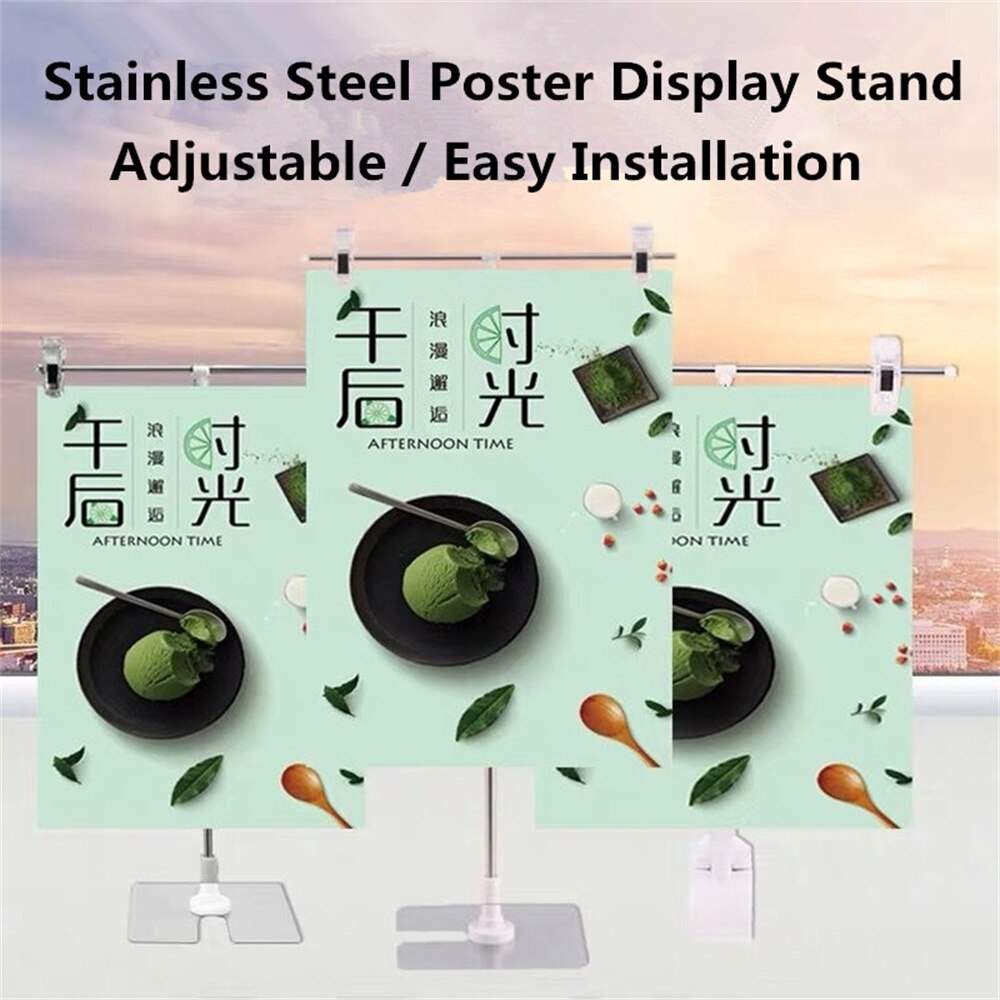 T-sign Adjustable Poster Stand Stainless Steel Advertising Display Banner Stand Holder Store Counter Display With Clip