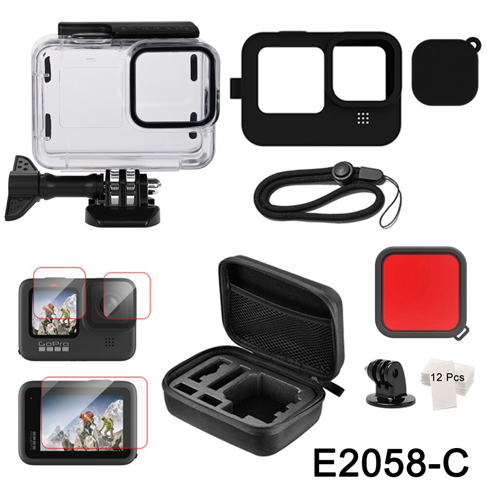 Wasserdichte Gehäuse Fall für GoPro Hero 10 9 Schwarz Schutz Tauchen Schutz Unterwasser Abdeckung Filter für Go Pro 9 Zubehör: E2058-C