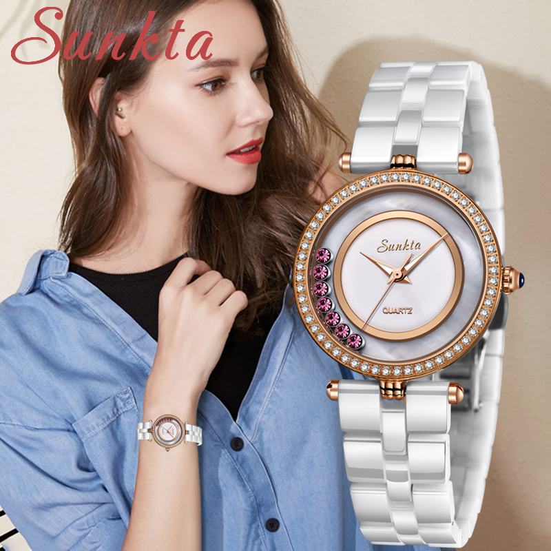 SUNKTA Keramische Vrouwen Horloge Top Brand Luxe Diamant Quartz Klok Waterdichte Horloges Vrouwen Jurk Armband horloge Relogio Feminino