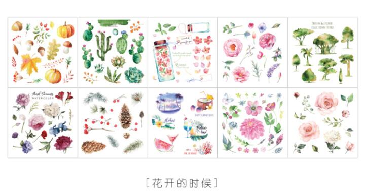 10 hojas de pegatinas de papel para decoración de viaje con Cactus y flores para alimentos, pegatinas para decoración de diario DIY, álbum de recortes