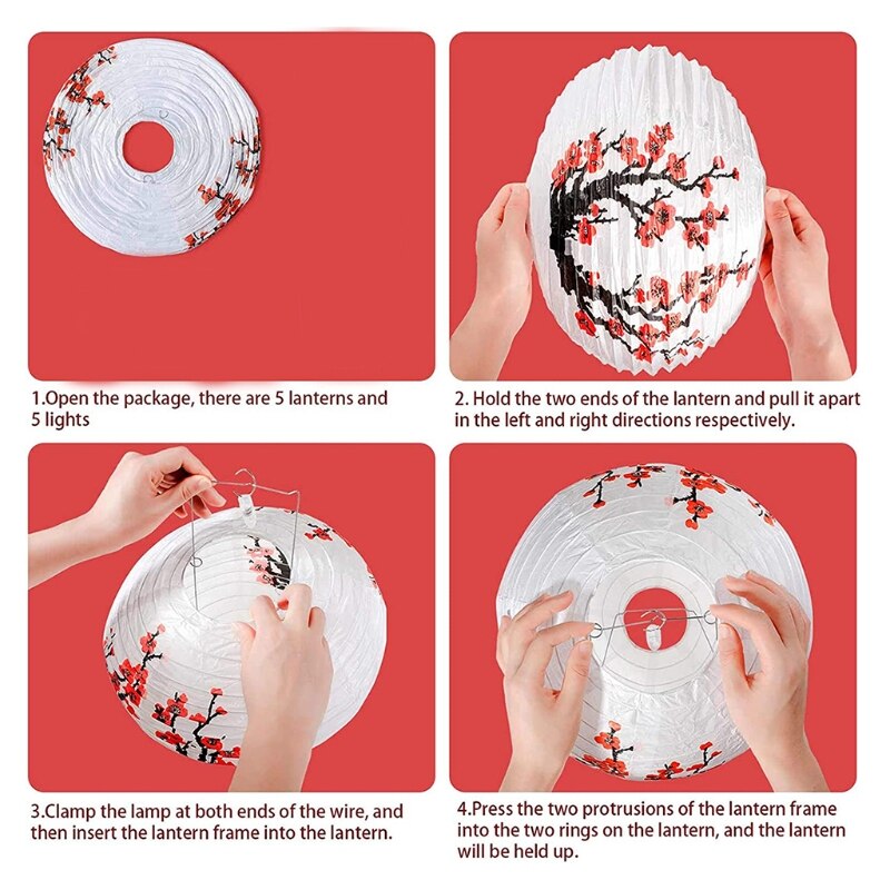 T84E Red Cherry Flowers Paper Lantern White Round Chinese Japanese Paper Lamp for Home Wedding Party Decoration