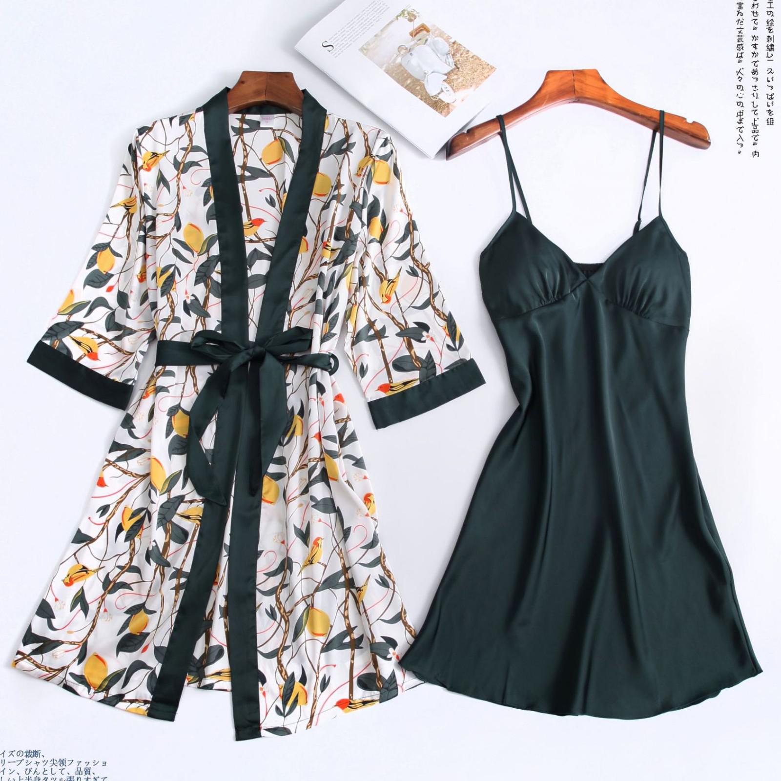 Lady Print Bloem Nighty & Robe Pak Nachtkleding Zijdeachtig Satijn Nachtkleding Kimono Badjas Gown Casual Nachtjapon Thuis Kleding: XXL / Army Green