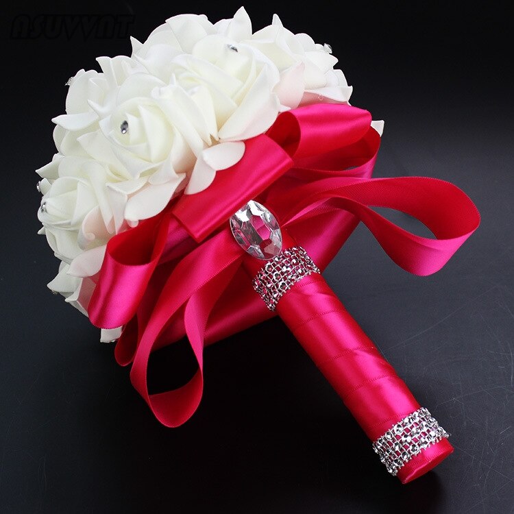 Edle Braut Strauß Braidmaid Hochzeit Schaum Blumen Rose Strauß Band Kristall Hochzeit Strauß Mädchen Braut Hochzeit Zubehör: Rose rot.