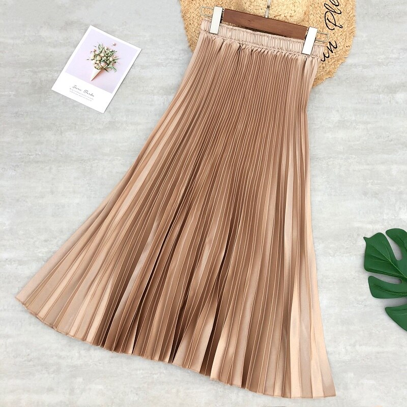 Forår kvinder midi nederdele metallic farve skinnende plisseret nederdel ensfarvet sølv guld lang nederdel satin femme jupe kontor dame: Guld