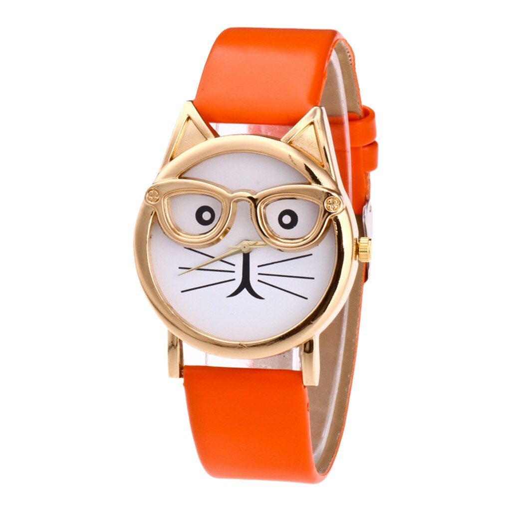 Casual Lovely Cat With Glasses Strap Dial Women's Quartz Watch часы женские horloge dames zegarki damskie: Orange 