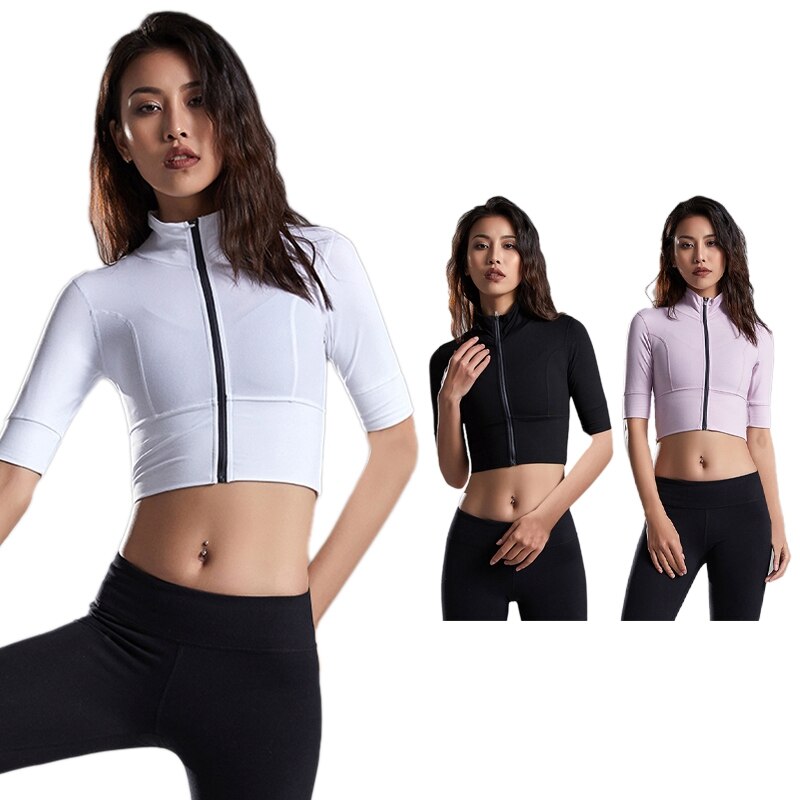 Ropa Deportiva ajustada de manga corta para mujer, con cremallera y botones al descubierto