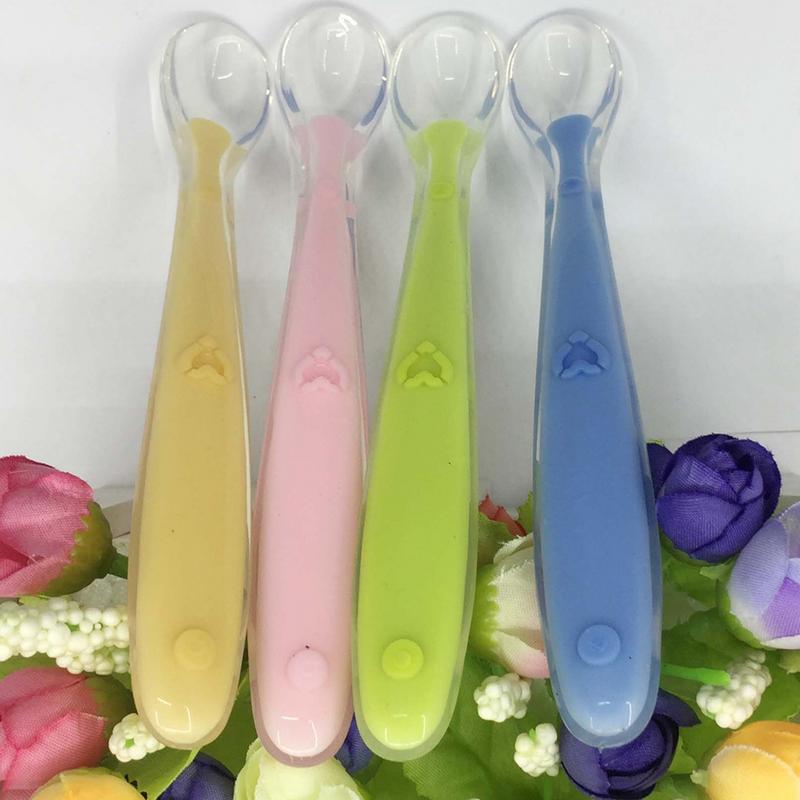 Cuillère en silicone pour bébés,avec capteur de température, alimentation thermique, couverts d&#39;enfants, matière sécurisée, boîte de 2 pièces,