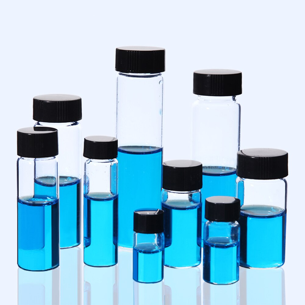 Bouteille d&#39;échantillon en verre transparent de 2ml à 60ml, flacons de réactif avec bouchon en plastique à vis et tampon PE, petite bouteille de laboratoire utilisée pour le tri
