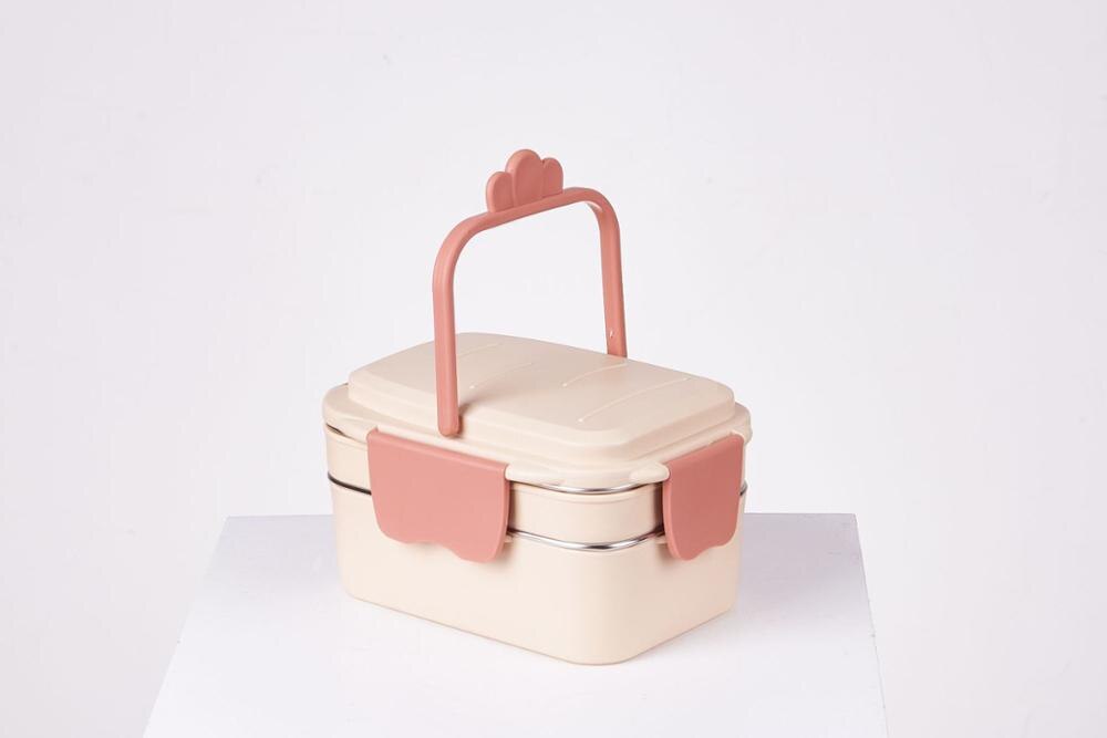 Cute lunch box children portable outdoor double-layer stainless steel lunch box insulation and leak-proof food container kitchen: pink