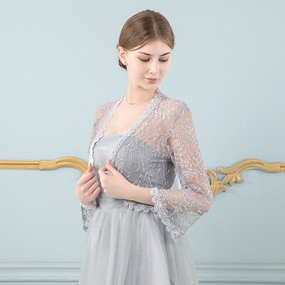 Women Black Lace Jacket for Wedding Dress Long Sleeve Appliqued Boleros Evening Party Wraps: Gray