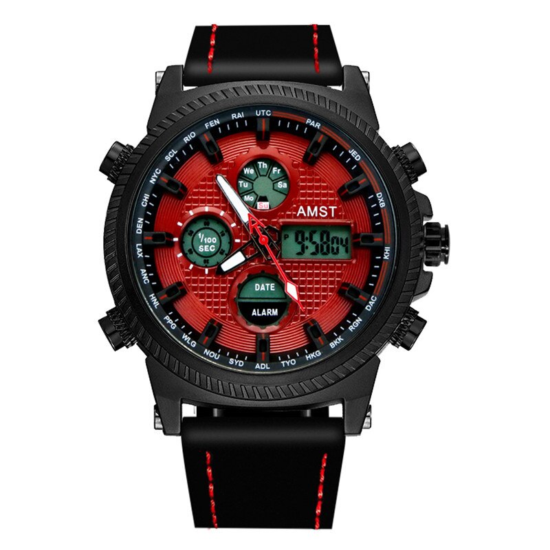 Relojes militares AMST de 50M, Relojes LED con correa de cuero resistente al agua, relojes de cuarzo de lujo de la mejor para hombre, reloj Masculino: black red face