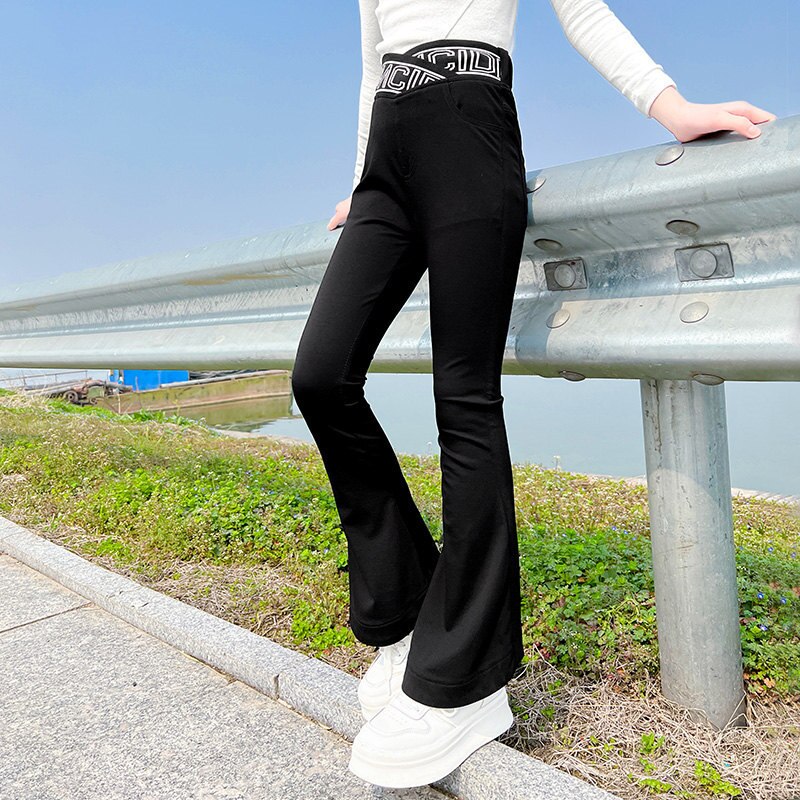 Pantalones acampanados para niña y niño, pantalones ajustados negros con letras de cintura elástica, ropa informal coreana para adolescentes de 5 a 14 años, primavera 2022