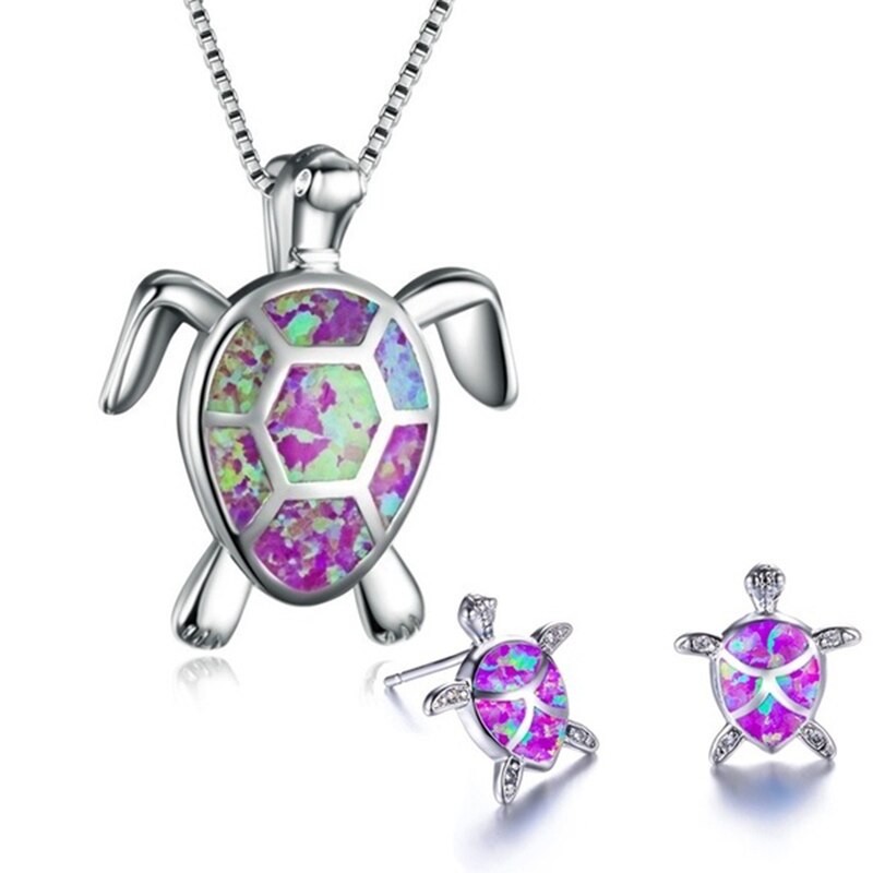 Leuke Sea Turtle Ketting Oorbellen Sieraden Sets Trendy Animal Blue Opal Stud Oorbellen Voor Meisje Vrouwen Wedding Band: Silver Plated