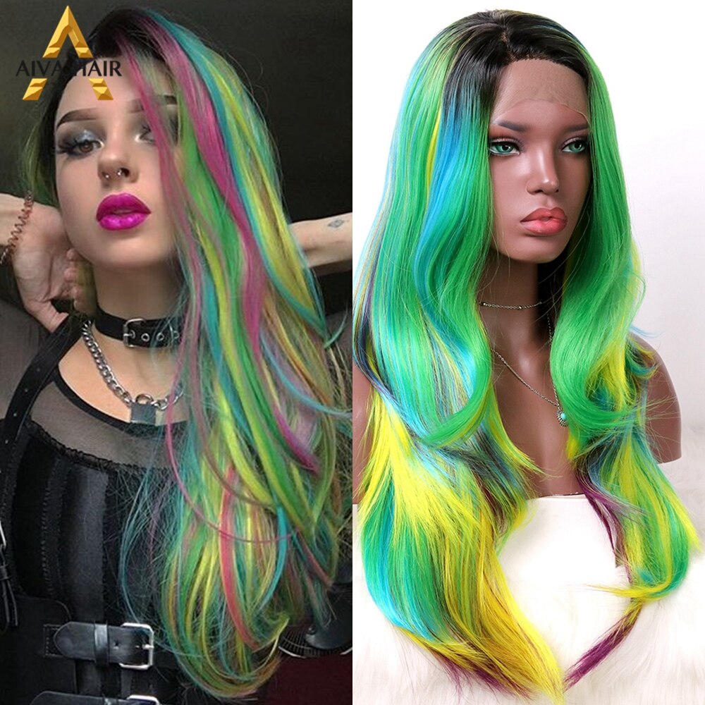 Aiva Haar Regenboog Kleur Golvende Pruik Hoge Dichtheid Synthetische Lace Front Pruik 180% Hittebestendige Cosplay Pruiken Voor Zwarte Vrouwen