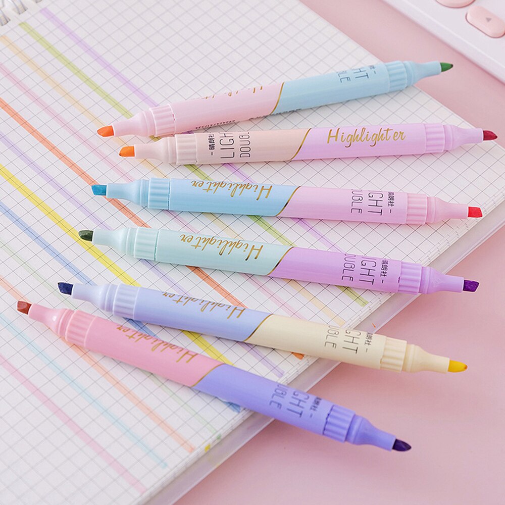 6 Stks/set Kawaii Tweekoppige Markeerstift Marker Pennen Snoep Kleuren Studenten Schrijven Mark Journal Pennen Kantoor Schoolbenodigdheden