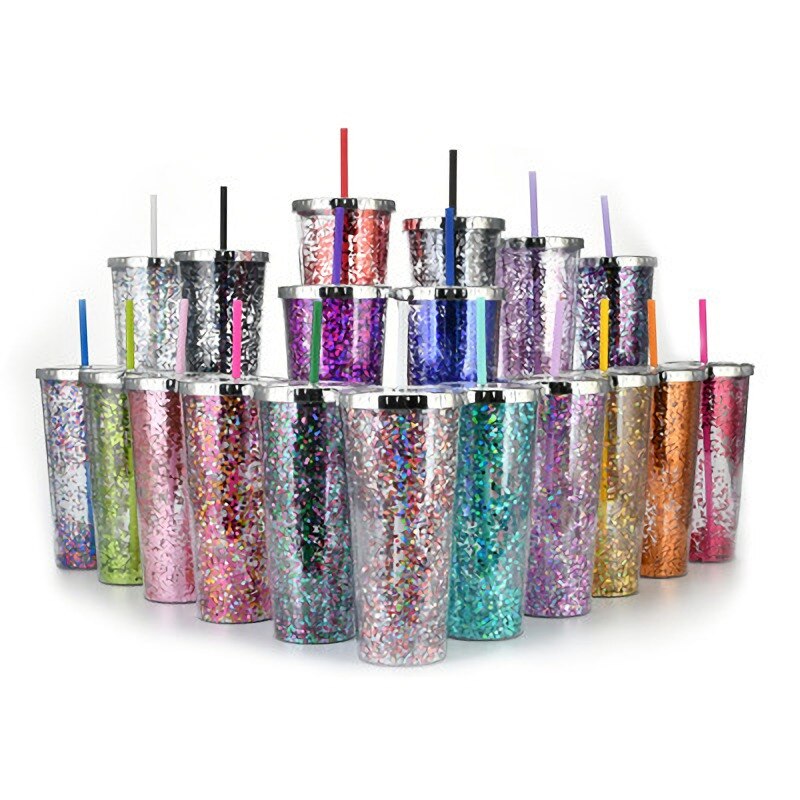 Color Sequins Tumblers Cup Straw Cold Cup with Lid Cups with Lids and Straws Mug Plastic Straight Cup Water Cups