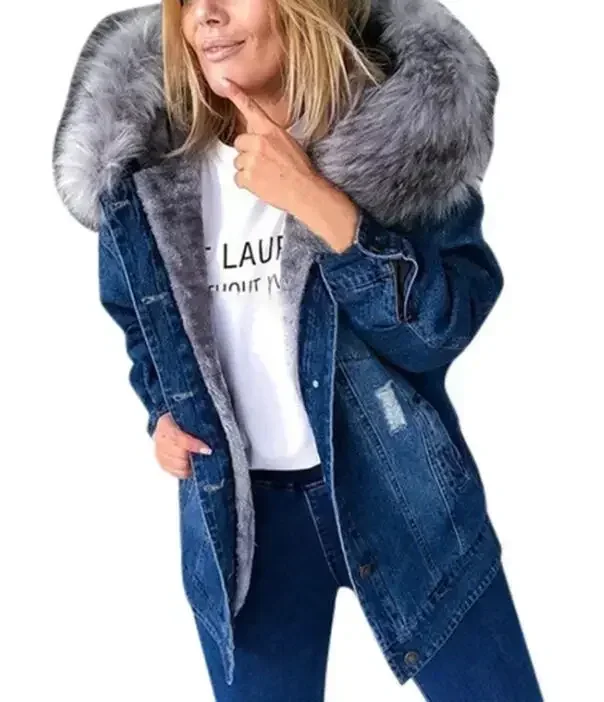Tykk bomullspolstret kåpe denimkåpe vintertrend kasjmir denimkåper yttertøy pelskrage dame varm denimjakker: 4xl / Blå