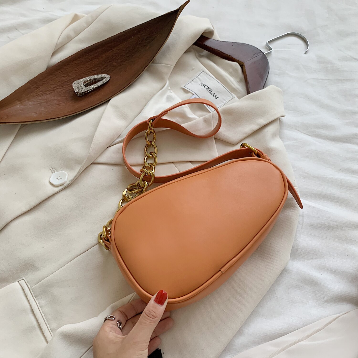 Pu läder liten kedja kvinnor väskor blixtlås enfärgade väskor kvinnor crossbody väska: Orange gul