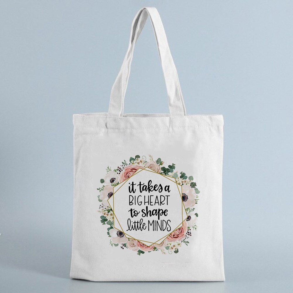 It Takes A Big Heart To Shape Little Mind Canvas Reusable Shopping Bag Teacher Shoulder Cloth Bags Shopper Tote Bag: B10826-TBWH-M