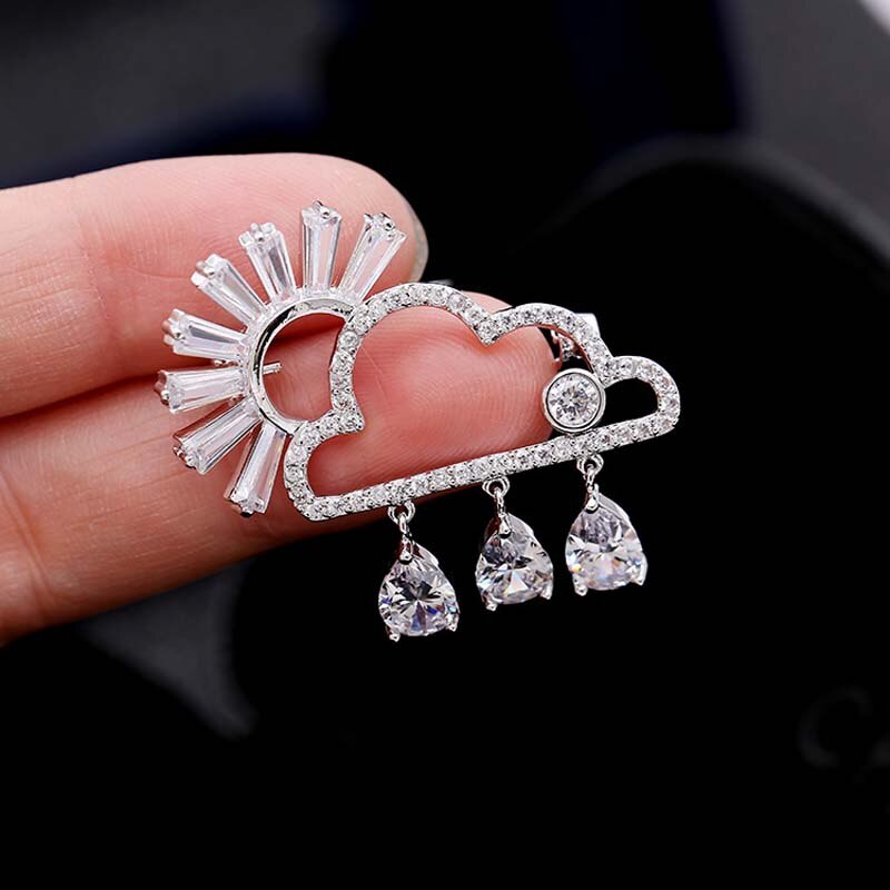 RED TREES Brooch Pin - Men's Cloud & Raindrop - Sterling Silver White Gold Plated
