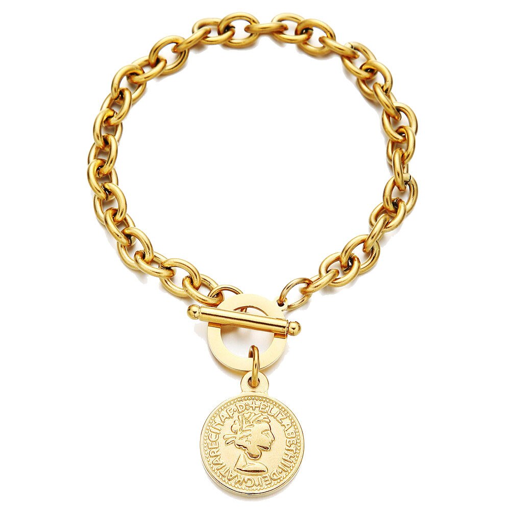 Hip hop aço inoxidável toggle beleza cabeça encantos pulseiras para mulheres homens ot fivela moeda pingente goth pulseira: Ouro-cor