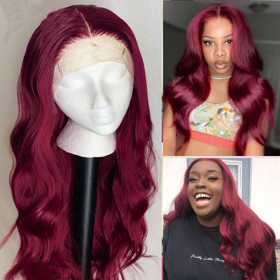 Lace Front Synthetic Hair Wigs Middle Part 99J Red Color 24inch Long Soft Burgundy Natural Wave Lace Wig For Black Women