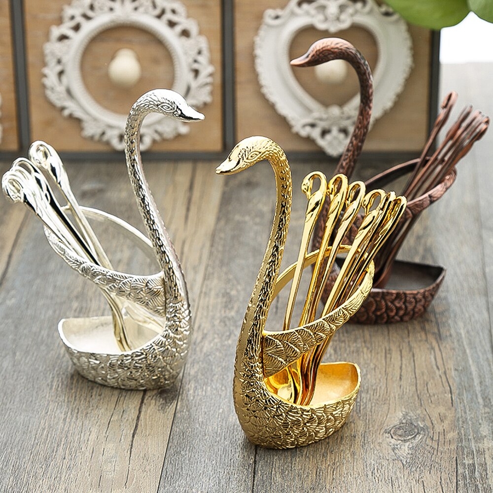 7 Pcs Swan Base Holder Dinnerware Set Stainless Steel Gold Spoon Fork Cutlery Coffee Cake Fruit Salad Dessert Flatware Teaspoon
