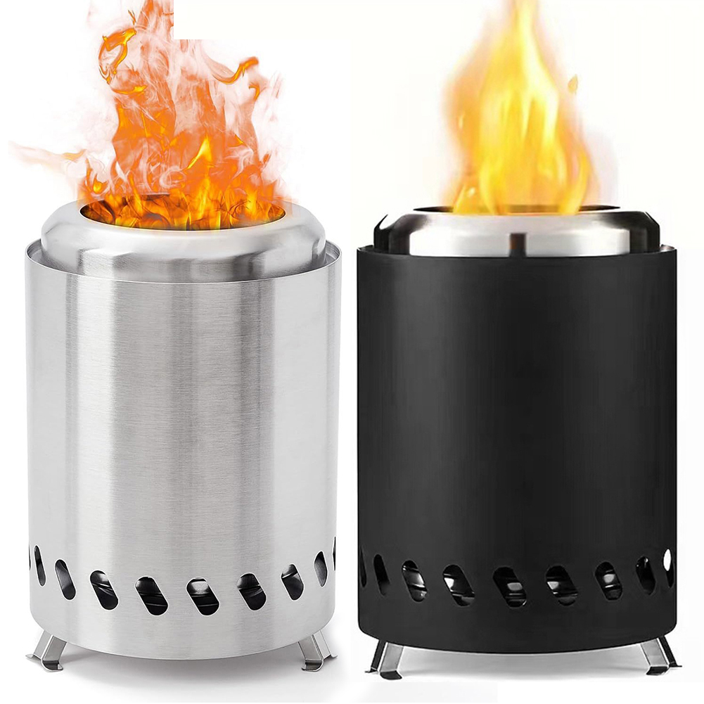 Rökfri utomhuseldstad med bordsskiva i rostfritt stål, bärbar mini-eldstad med vedeldning eller pelletseldning, bärbar brasa